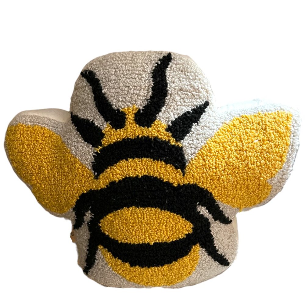 NWOT! Hooked Bee Pillow Honeybee Decor Yellow Black Textured Throw Pillow 16x14 - Picture 2 of 14